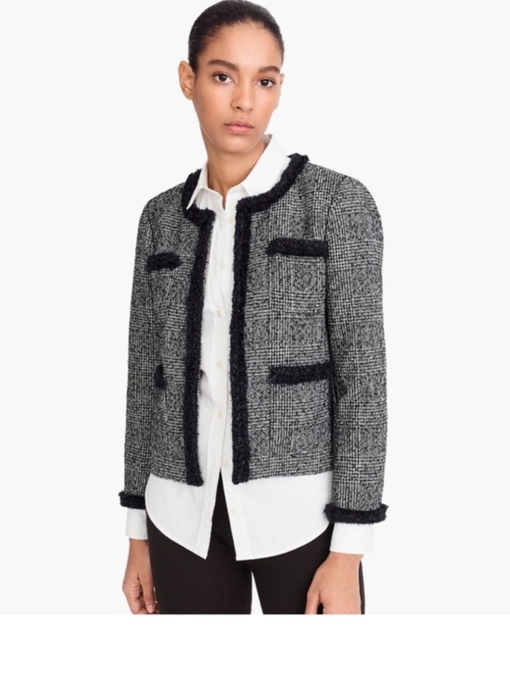 J. Crew Women Metallic Black Glen Plaid Braided Trim Long Sleeves Jacket 12